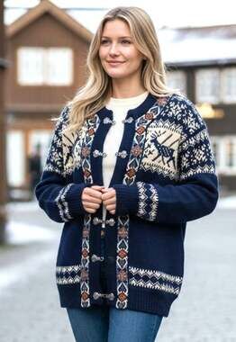 Vintage Dale of Norway Wool Fair Isle Cardigan Sweater Blue Metal Clasps 44  XL